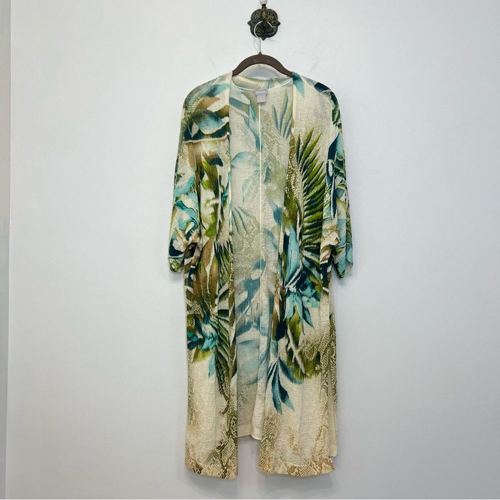 Chico’s Tropical Cardigan Kimono Short Sleeve Open Front Coastal Resort Sz Small